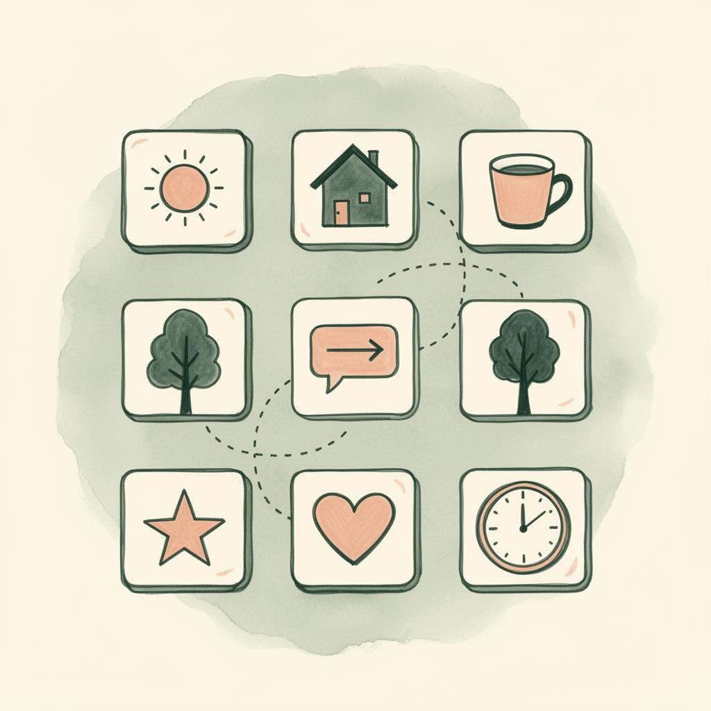 A grid of nine hand-illustrated picture-symbol cards connected by thin dotted lines
